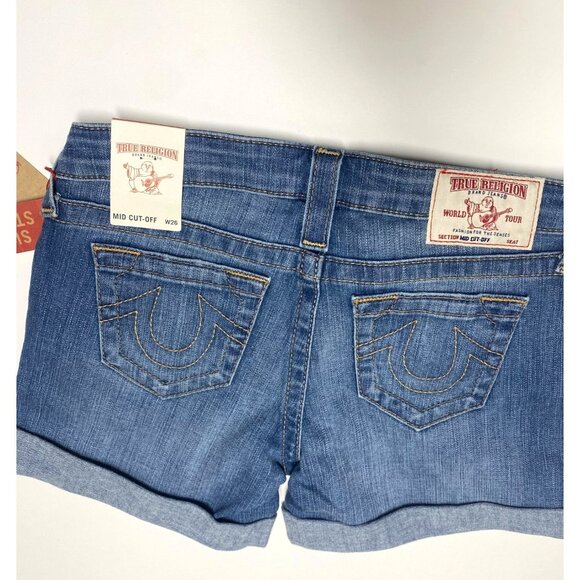 size 26 NEW True Religion‎ mid rise cut off denim shorts $159 super stretch NWT - Picture 5 of 8
